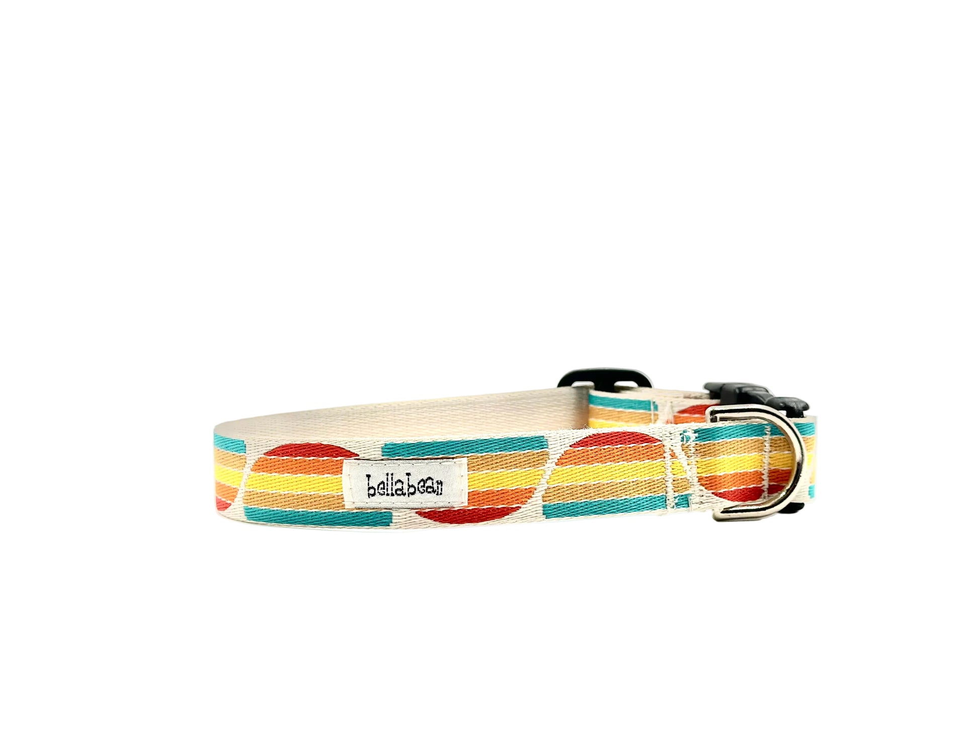 Dog collar with colorful pattern and 'bellabuто' branding on a white background